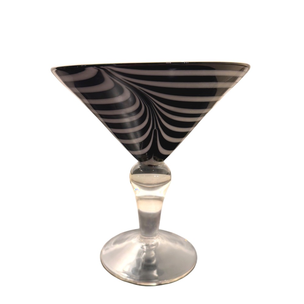Murano Hand Blown Art Glass Zebra Swirl Avici Martini Glass Black White XL VTG